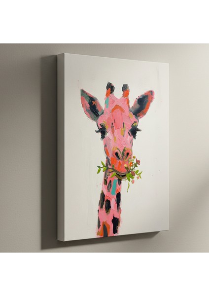 Pembe Zürafa ve Çiçekler Soyut Tablosu