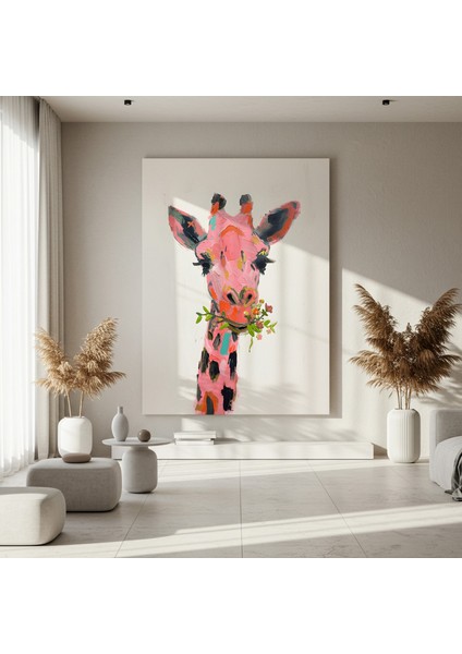 Pembe Zürafa ve Çiçekler Soyut Tablosu fırsatları