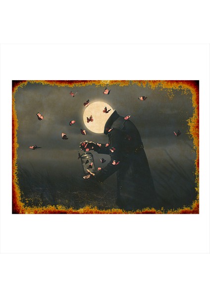 Ay ve Kelebek Model Ahşap Tablo 35 cm x 50 cm