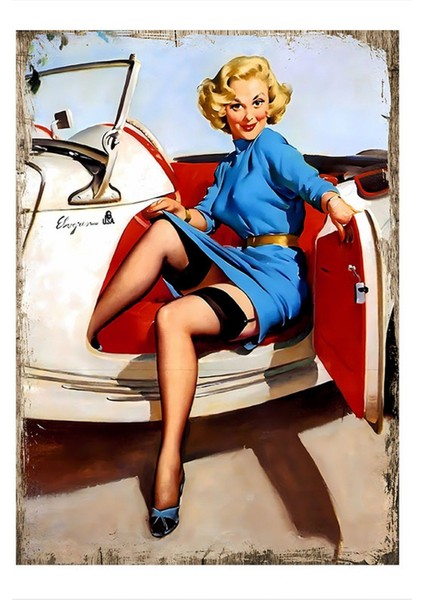 Araba ve Pin Up Kızı Art Mdf Tablo 35 cm x 50 cm