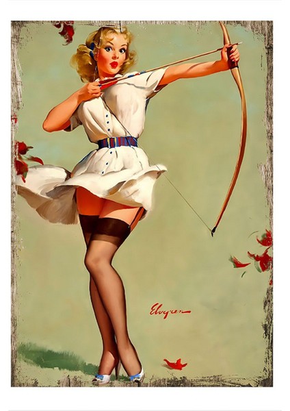 Ok Atan Pin Up Kızı Desenli Mdf Tablo 35 cm x 50 cm
