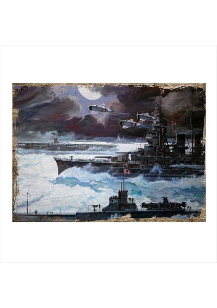 Savaş Uçağı ve Gemiler Model Ahşap Tablo 35 cm x 50 cm