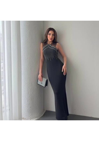 Kadın Omuz Çoklu Askılı Önü Taş Işlemeli Balık Kesim Janjan Krep Maxi Boy Elbise