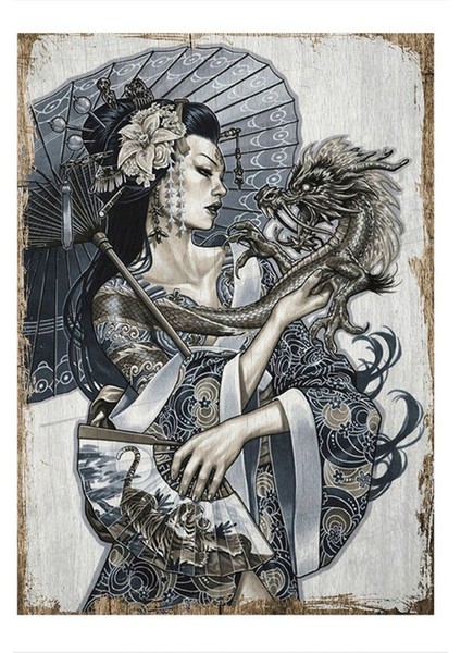 Ejderhalı Japon Samuray Modern Ahşap Tablo