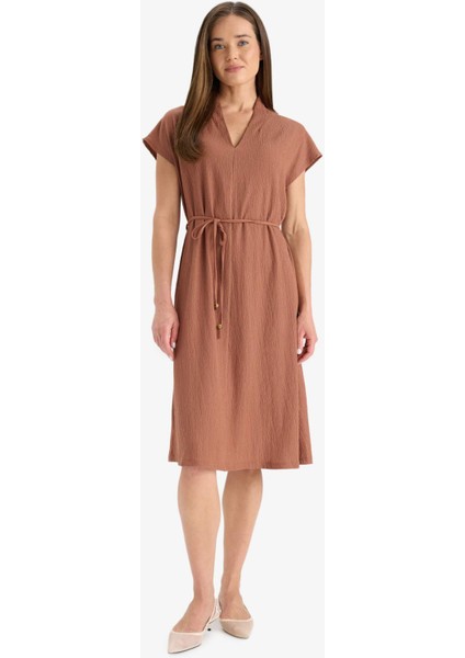 Regular Fit V Yaka Bağlamalı Midi Elbise F4673AX25HS