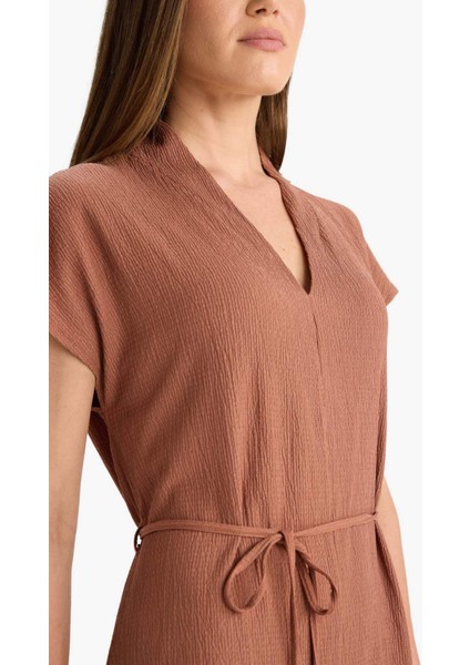 Regular Fit V Yaka Bağlamalı Midi Elbise F4673AX25HS indirimleri