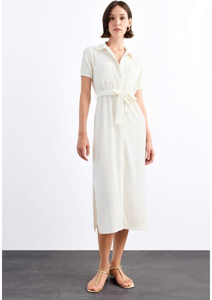 Gömlek Yaka Kemerli Kısa Kollu Midi Elbise G1060AX25SM