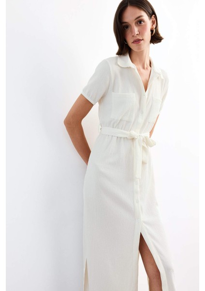 Gömlek Yaka Kemerli Kısa Kollu Midi Elbise G1060AX25SM modelleri