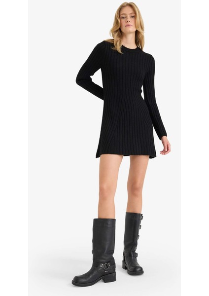 Bisiklet Yaka Ribana Uzun Kollu Mini Elbise F3893AX25WN fiyatları