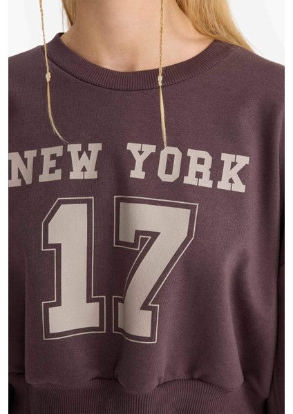 Crop Bisiklet Yaka Baskılı Kalın Sweatshirt F8006AX25AU indirimleri