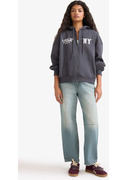 Oversize Geniş Kalıp Kapüşonlu Sırt Baskılı Fermuarlı Sweatshirt F8915AX25AU fiyatları