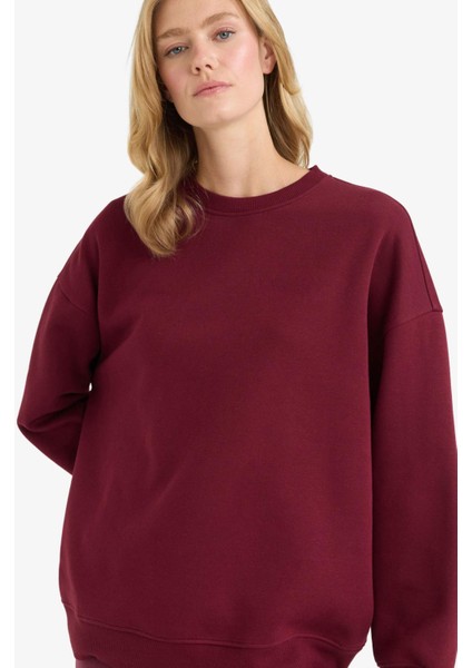 Oversize Geniş Kalıp Bisiklet Yaka Basic Düz Kalın Sweatshirt F9628AX25AU