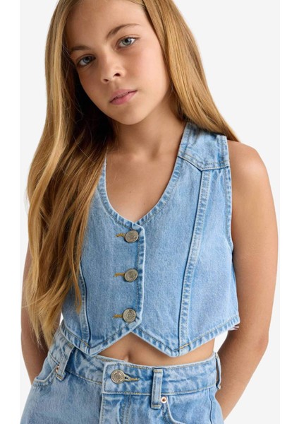 Kız Çocuk Pamuklu Düğmeli Jean Yelek F7165A825AU modelleri