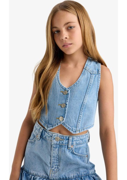 Kız Çocuk Pamuklu Düğmeli Jean Yelek F7165A825AU indirimleri