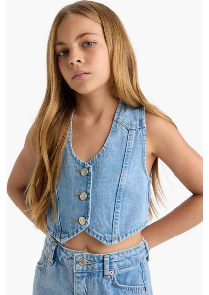 Kız Çocuk Pamuklu Düğmeli Jean Yelek F7165A825AU