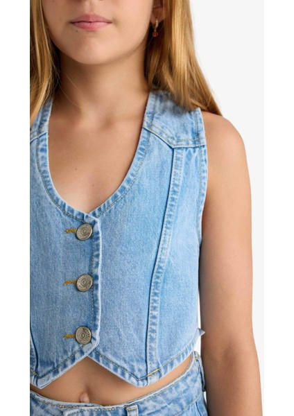 Kız Çocuk Pamuklu Düğmeli Jean Yelek F7165A825AU