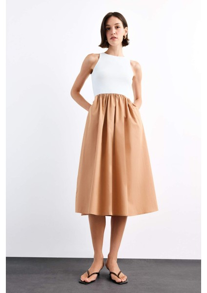 Bisiklet Yaka Kolsuz Midi Elbise G1067AX25SM