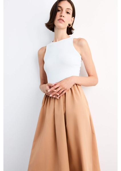 Bisiklet Yaka Kolsuz Midi Elbise G1067AX25SM