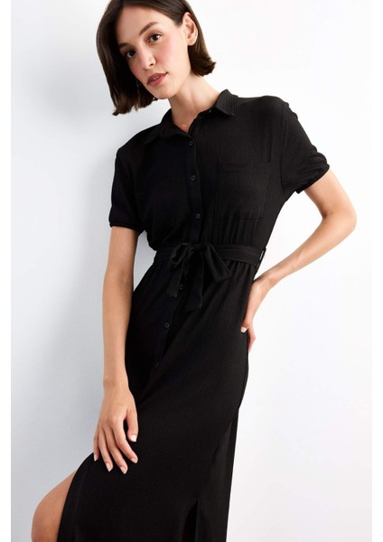 Gömlek Yaka Kemerli Kısa Kollu Midi Elbise G1060AX25SM modelleri