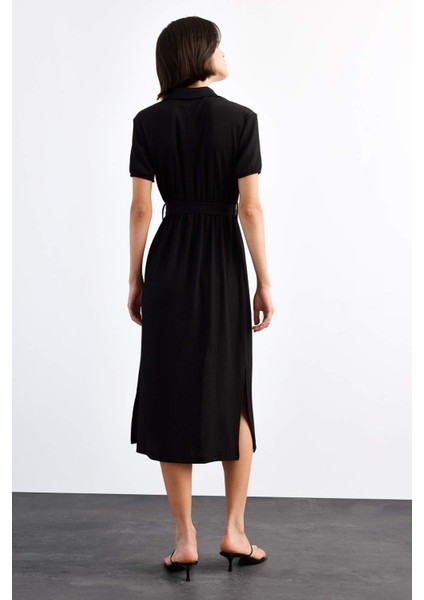 Gömlek Yaka Kemerli Kısa Kollu Midi Elbise G1060AX25SM fırsatları