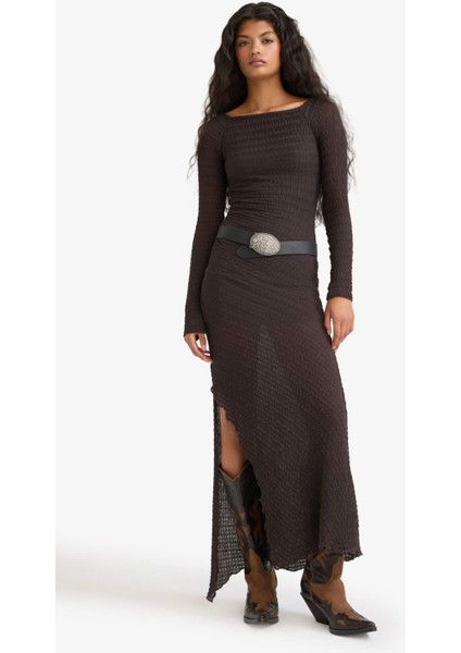 Kayık Yaka Bürümcük Uzun Kollu Maxi Elbise F9249AX25AU fiyatları