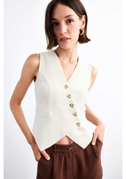 Slim Fit Dar Kesim V Yaka Keten Yelek G0663AX25SM