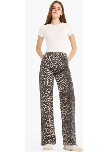 Straight Fit Yüksek Bel Leopar Desenli Uzun Boy Gabardin Pantolon D1229AX25AU