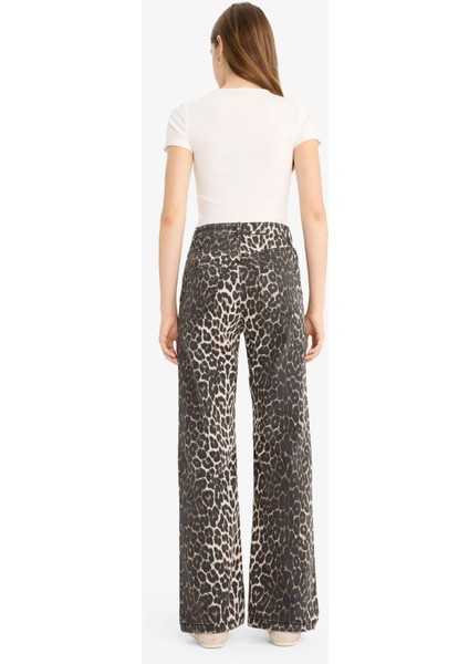 Straight Fit Yüksek Bel Leopar Desenli Uzun Boy Gabardin Pantolon D1229AX25AU