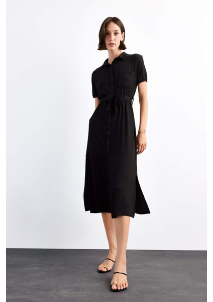 Gömlek Yaka Kemerli Kısa Kollu Midi Elbise G1060AX25SM