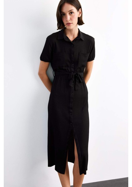 Gömlek Yaka Kemerli Kısa Kollu Midi Elbise G1060AX25SM fiyatları