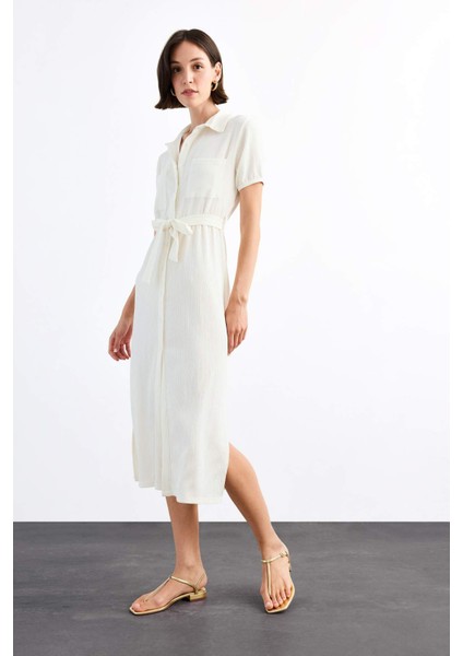 Gömlek Yaka Kemerli Kısa Kollu Midi Elbise G1060AX25SM fiyatları