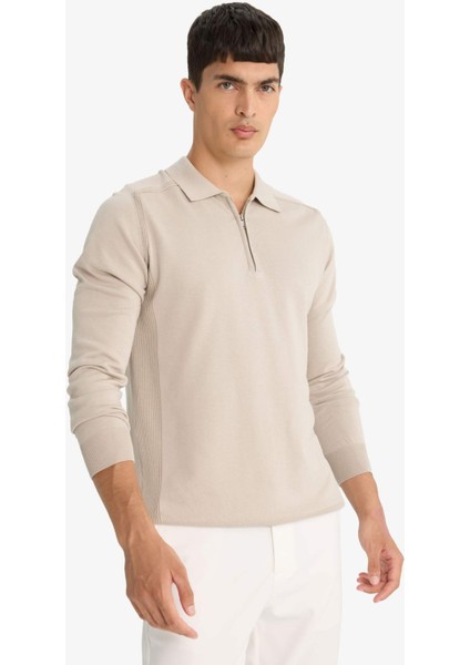 Standart Fit Polo Yaka Yarım Fermuarlı Premium Triko Kazak D0621AX25AU fırsatları