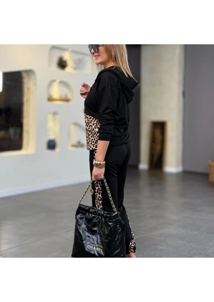 Kadın Uzun Kollu Leopar Detay Weat ve Yanı Leopar Şerit Detay Pantolon Ikili Takım fırsatları
