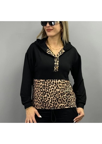 Kadın Uzun Kollu Leopar Detay Weat ve Yanı Leopar Şerit Detay Pantolon Ikili Takım indirimleri