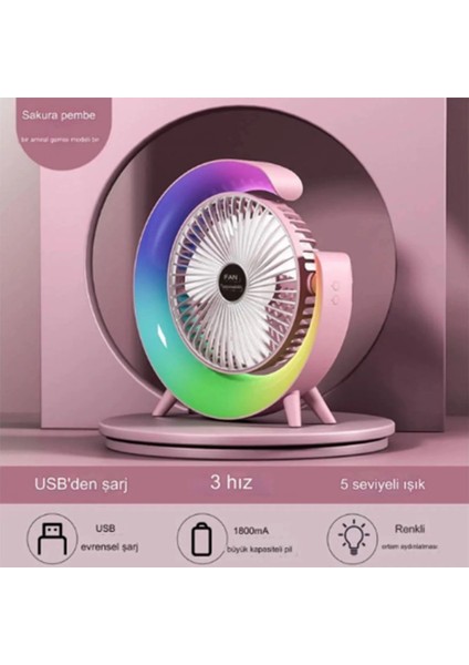 Masaüstü Vantilatör USB Şarjlı Rgb LED Işıklı 3 Kademeli 180° Ayarlanabilir Soğutucu Fan Pembe