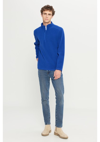 Erkek Saks Mavi Anti-pilling Tüylenme Yapmayan Isı Koruyan Standart Fit Dik Yaka Polar Sweatshirt fiyatları