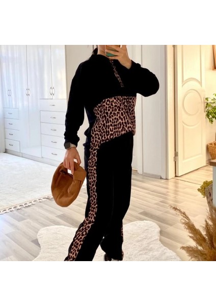 Kadın Uzun Kollu Leopar Detay Weat ve Yanı Leopar Şerit Detay Pantolon Ikili Takım