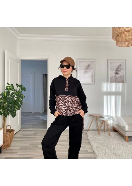 Kadın Uzun Kollu Leopar Detay Weat ve Yanı Leopar Şerit Detay Pantolon Ikili Takım modelleri