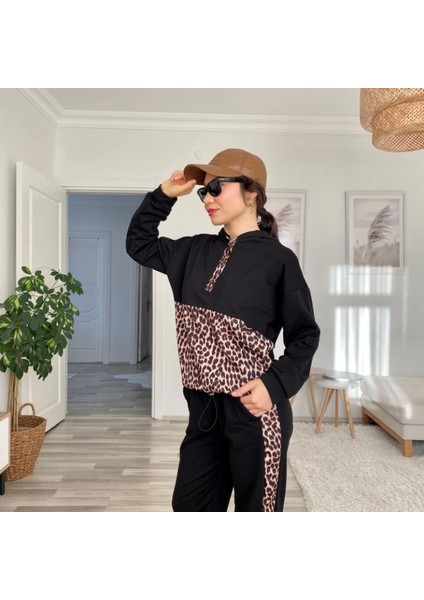 Kadın Uzun Kollu Leopar Detay Weat ve Yanı Leopar Şerit Detay Pantolon Ikili Takım fırsatları