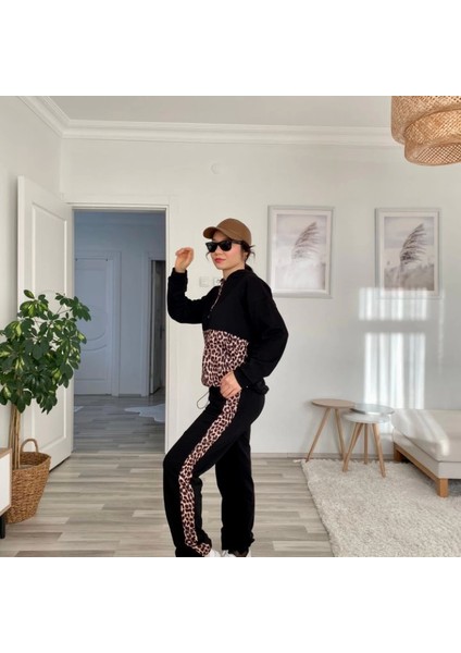 Kadın Uzun Kollu Leopar Detay Weat ve Yanı Leopar Şerit Detay Pantolon Ikili Takım indirimleri