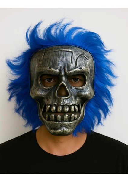 Wild Skull - Gümüş Kafatası Mavi Saçlı Iskelet Maske