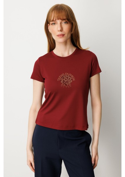 On Önü Taş Baskılı Kısa Kollu Bluz