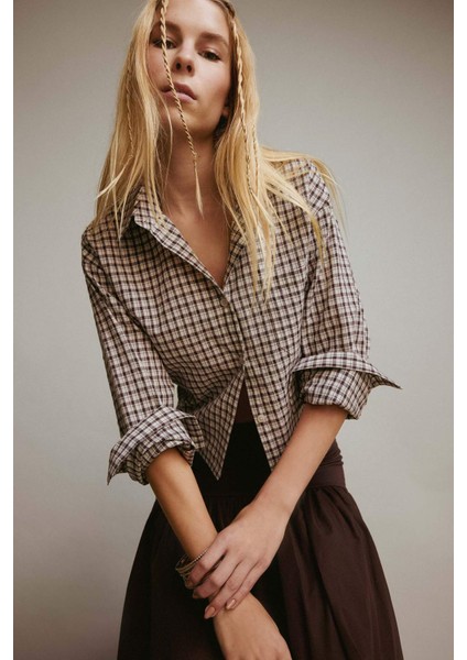 Coool Oversize Geniş Kalıp Crop Kareli Uzun Kollu Gömlek E6934AX25AU