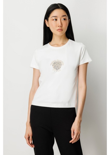 On Önü Taş Baskılı Kısa Kollu Bluz