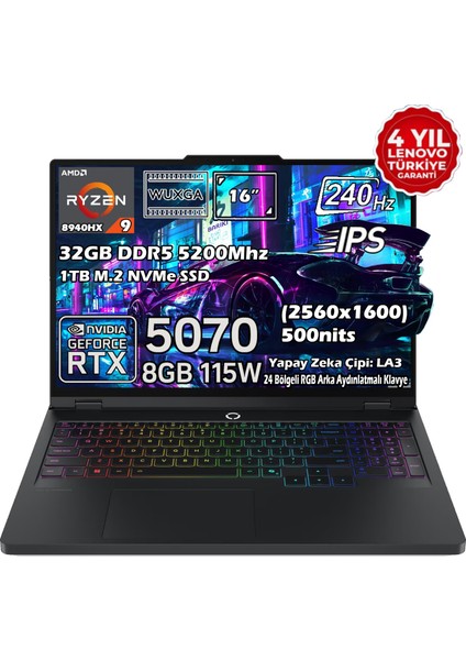 Legion Pro 5 16ADR10 Amd Ryzen 9 8940HX 32GB 1tb SSD Rtx 5070 8gb 16" Wqxga (2560X1600) IPS Panel 240Hz 115W Freedos Taşınabilir Dizüstü Bilgisayar 83LT0046TR