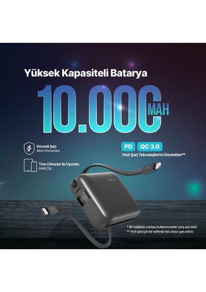 Recharger Mini LCD 10.000MAH Pd 20W Usb-C ve Lightning Dahili Kablolu Taşınabilir Hızlı Şarj fiyatları
