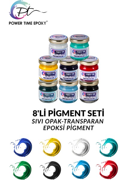 8'li Opak & Transparan Sıvı Pigment Boya Seti / Epoksi Için / Toplam 240 Gram