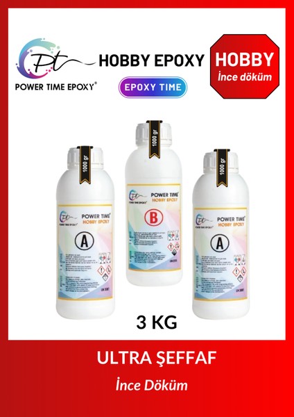 3 kg Hobby Epoxy/ Ultra Şeffaf ve Parlak Epoksi Reçine Ince Döküm Power Time Epoxy