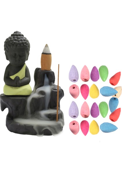 Sarı Stil Buharlı Fırın Tutucu Ev Bahçe Küçük Buddha Tütsü Konisi Little Monk Buddha Şelale Geri Akış Ocak Tutucu Seramik Dekor (Yurt Dışından)