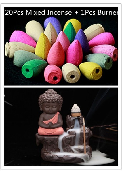 20 Tütsü Tarzı ile Kırmızı 20 Adet Tütsü Koni + Brülör Yaratıcı Ev Dekoru Küçük Rahip Buddha Censer Geri Akış Tütsü Brülör Evde Teahouse Kullanımı (Yurt Dışından)